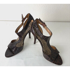 Nine West Alligator Style Open Toe High Heels 7.5M Brown Side Buckle Shoes 4"